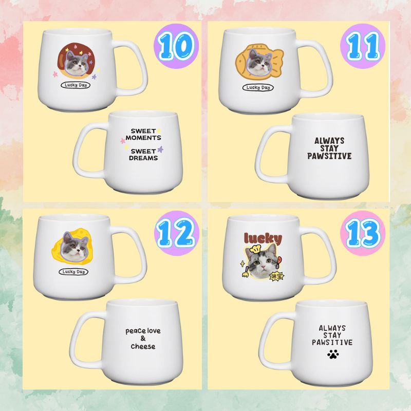 Set of white mugs with various designs and text on a colorful background