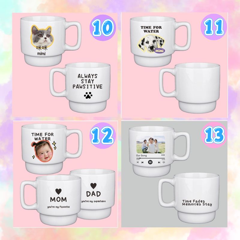 Set of white mugs with various designs and text on a colorful background