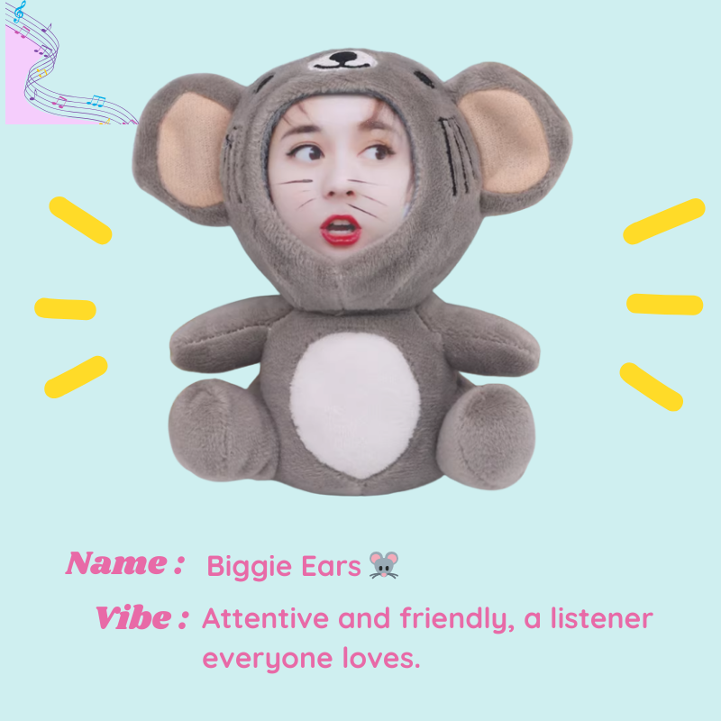 Person wearing a gray mouse costume with text describing the product on a light blue background. Biggie Ears - mouse. Vibe : Attentive and friendly, a listener everyone loves. Custom Gift-Personalized Talking Photo Keychain, gift for couples, ift for boyfriend / girlfriend long-distance relationship gift meaningful keepsake