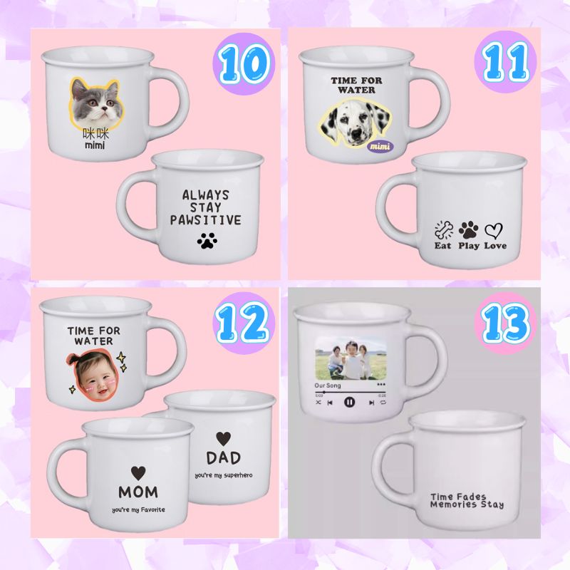 Collection of white mugs with various designs and text on a pink and purple gradient background.