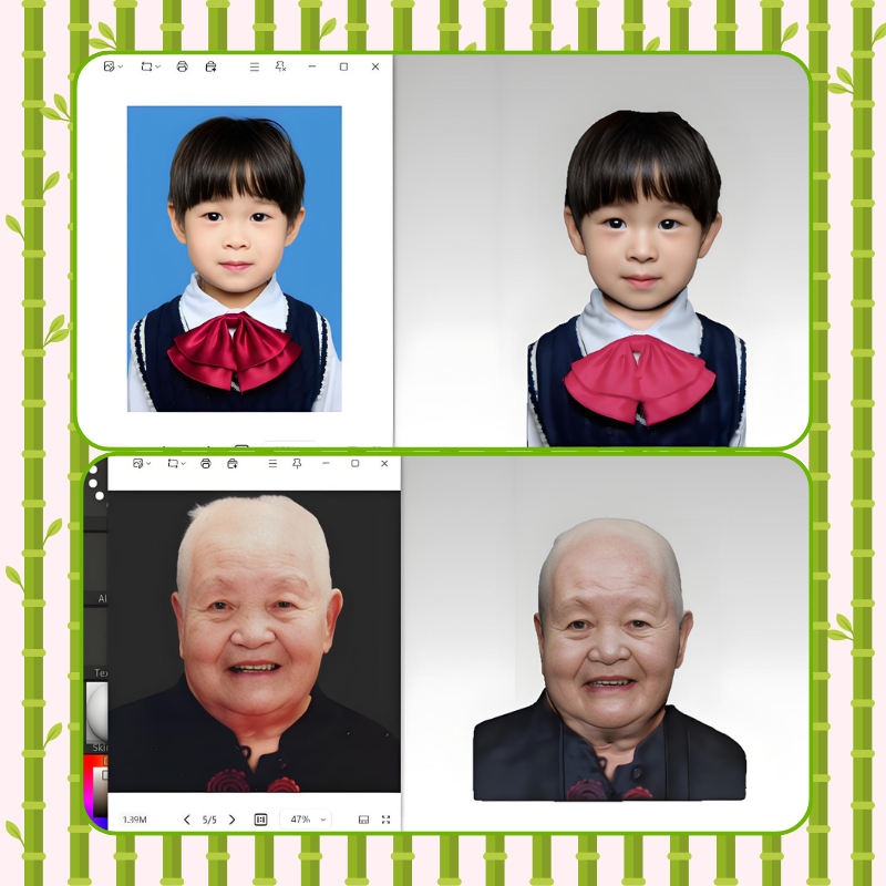 Four images of a person with different age filters applied, showing a young child, an older person, and two middle-aged individuals. photo and figrine pisplay. Personalized 3D printed resin memorial bust, keepsake gift, Custom resin 3D bust, Grateful memorial for loved one. Unique memorial sculpture. Cherishes memories. Grateful memorial 3D printed resin bust. Personalized keepsake