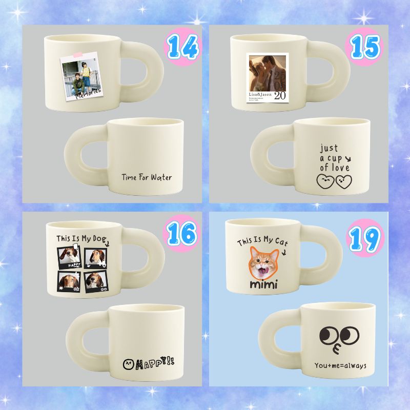 Set of personalized photo mugs with various designs and text on a blue background.