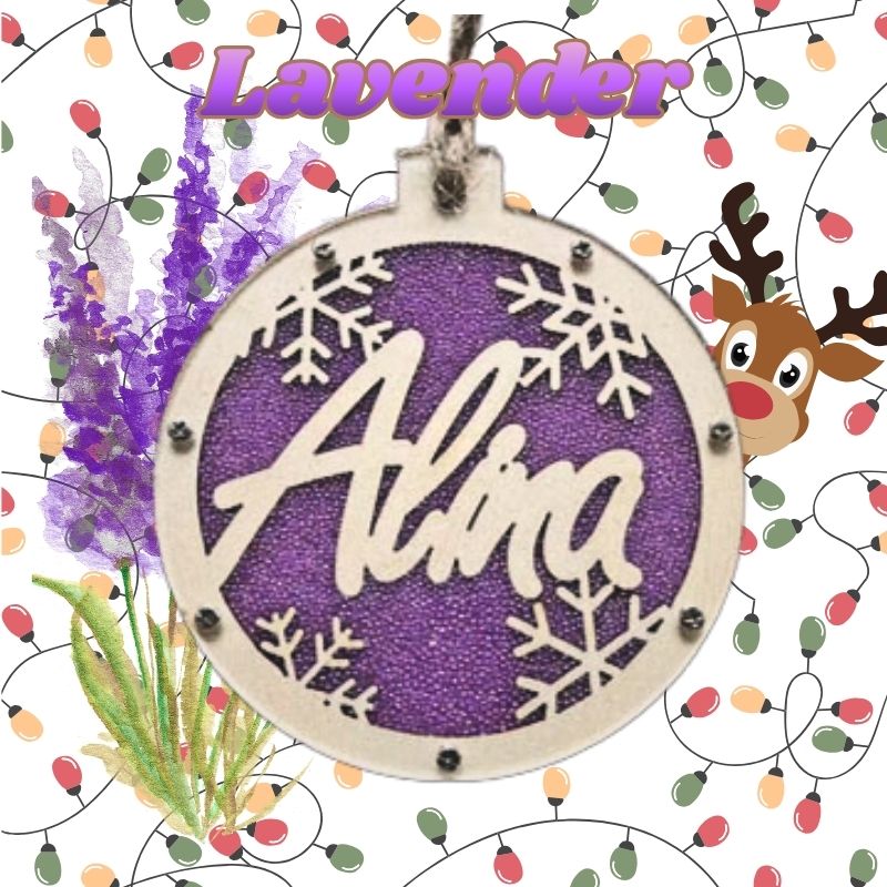 Decorative ornament with 'Alina' on a purple background surrounded by Christmas lights and lavender. custom Christmas Gift