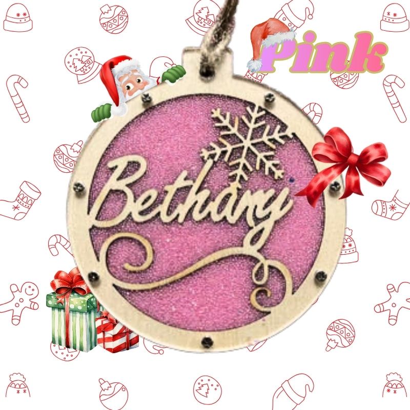 Decorative Christmas ornament with 'Bethany' on a pink background, surrounded by festive illustrations. custom Christmas Gift