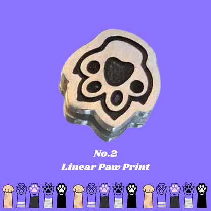 Paw print stamp with 'No.2 Linear Paw Print' text on a purple background. custom bracelet, pet jewerly, memory gift