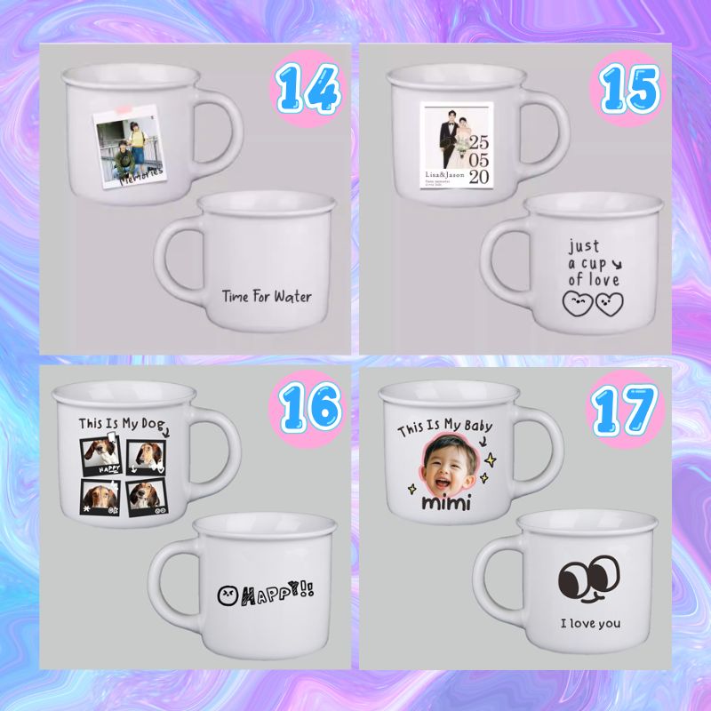 Set of white mugs with various designs and text on a colorful background