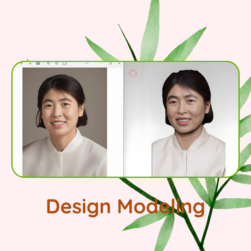 Two portraits of a woman with text 'Design Modeling' on a light pink background with green leaves. Personalized 3D printed resin memorial bust, keepsake gift, Custom resin 3D bust, Grateful memorial for loved one. Unique memorial sculpture. Cherishes memories. Grateful memorial 3D printed resin bust. Personalized keepsake