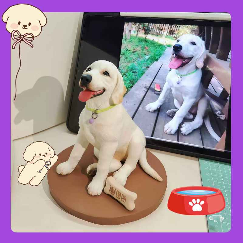 Dog-shaped product on a stand with a screen displaying a photo of a dog in a car. compare with photo and dog figurine. Memory gift, Pet lovers, Personalized 3D printed dog figurine, pet memory keepsake, Custom 3D printed cat figurine, cherished pet gift, beloved pet, Perfect memory gift