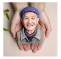 Older person's face superimposed onto a photo of hands holding a card with a green leaf background. 12cm figurine. Personalized 3D printed resin memorial bust, keepsake gift, Custom resin 3D bust, Grateful memorial for loved one. Unique memorial sculpture. Cherishes memories. Grateful memorial 3D printed resin bust. Personalized keepsake