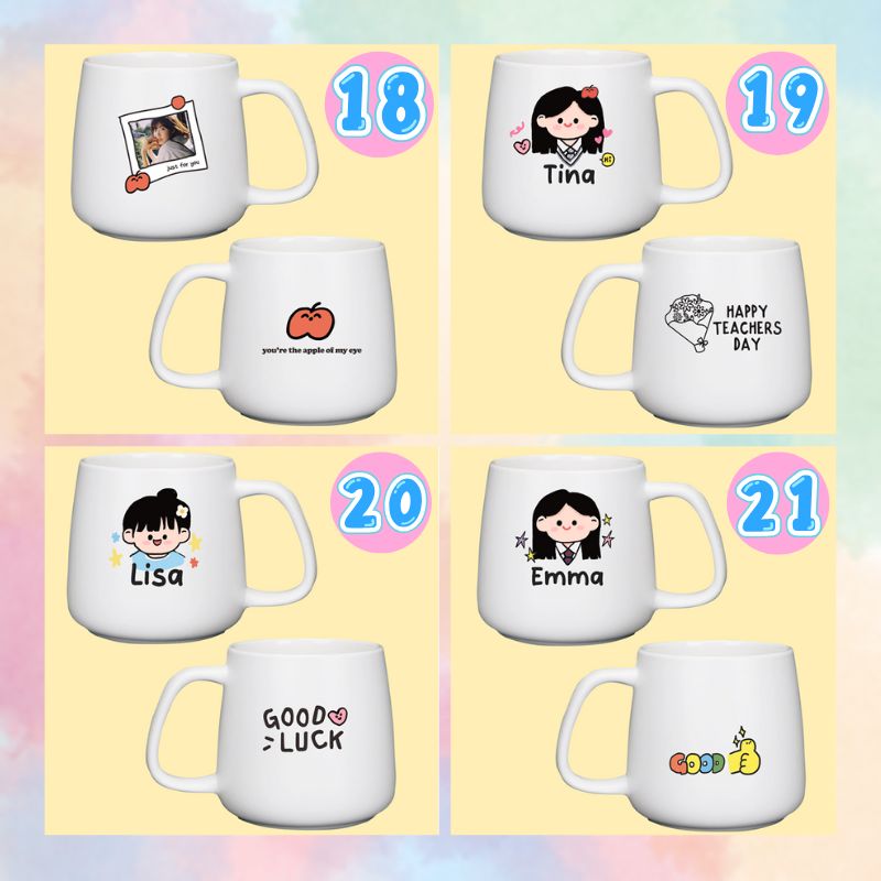 Set of white mugs with various designs and text on a colorful background