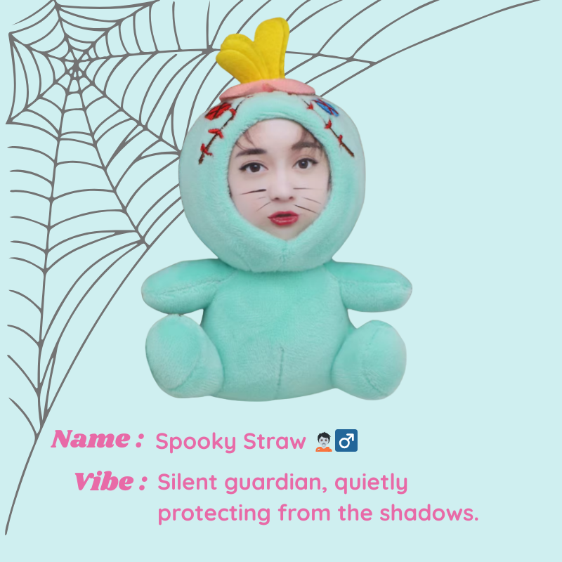 Person wearing a teal costume with a yellow hat on a light blue background with spider web design. Spooky Straw - Witch. Vibe : Silent guardian, uietly protecting from the shadows. Custom Gift-Personalized Talking Photo Keychain, gift for couples, ift for boyfriend / girlfriend long-distance relationship gift meaningful keepsake