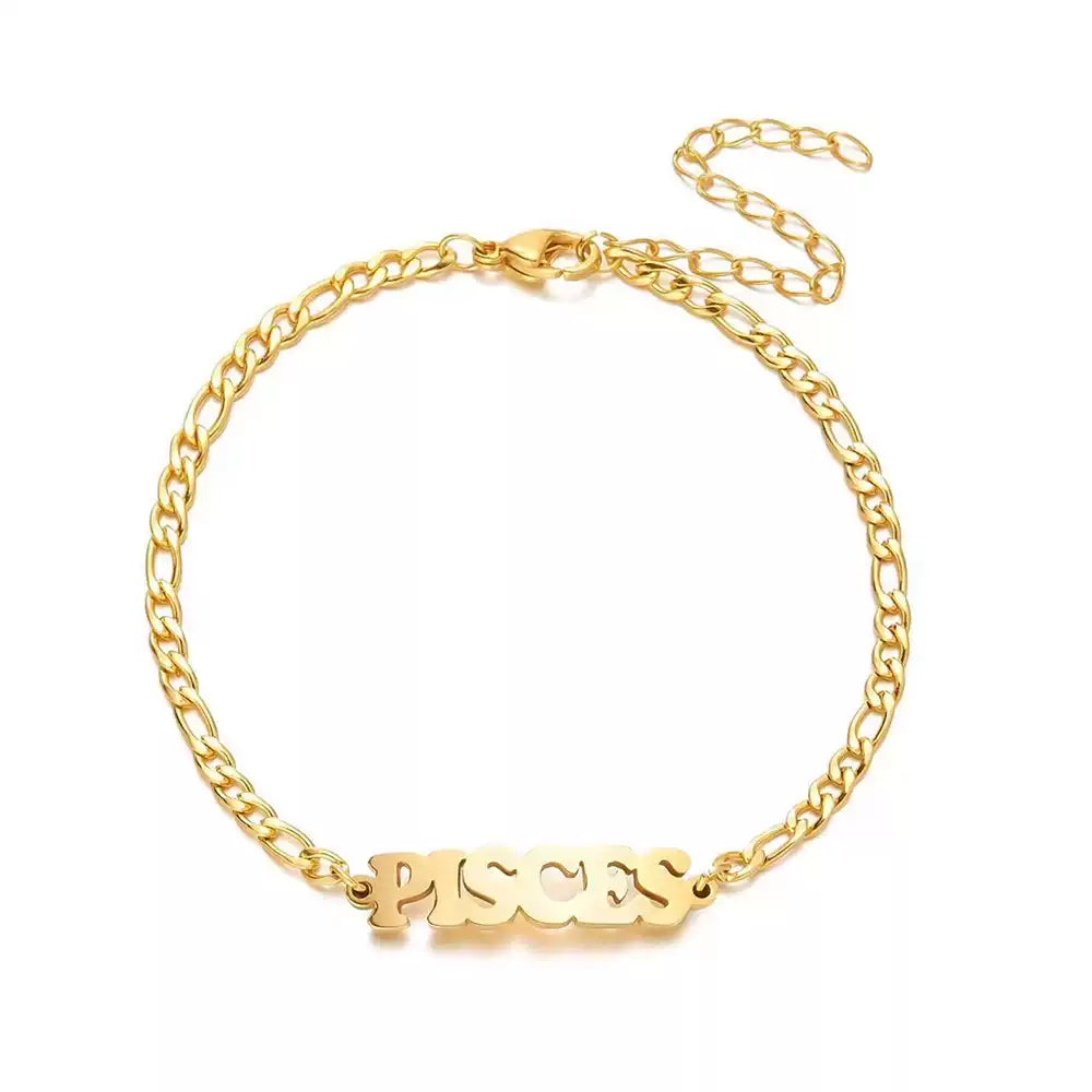 Gold bracelet with 'PISCES' inscription on a white background. Stainless Steel Name Jewelry. Custom Gift-Personalized. gift for boyfriend / girlfriend. long-distance relationship gift meaningful keepsake. Memory gift. Christmas couple gift. Birthday Gift. 