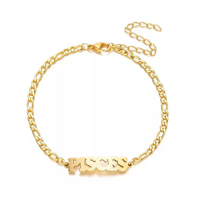 Gold bracelet with 'PISCES' inscription on a white background. Stainless Steel Name Jewelry. Custom Gift-Personalized. gift for boyfriend / girlfriend. long-distance relationship gift meaningful keepsake. Memory gift. Christmas couple gift. Birthday Gift. 