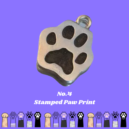 Stamped paw print charm on a purple background with color swatches below. custom bracelet, pet jewerly, memory gift