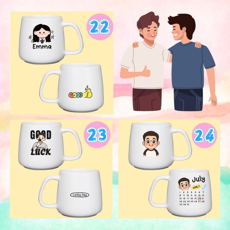 Set of white mugs with various designs and text on a colorful background