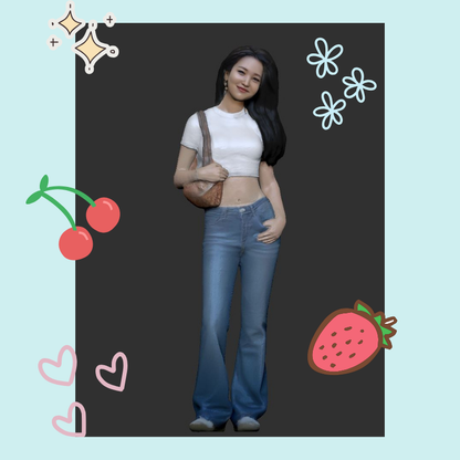 3D printed figurine Woman in white crop top and blue jeans with decorative elements on a black background. Personalized couple present. Gift for boyfriend girlfriend. Custom-made. Personalized. Perfect gift idea. Meaningful keepsake. Wedding gift. Anniversary gift. Birthday gift