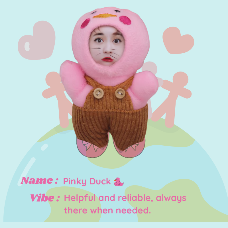 Person in a pink duck costume with cartoonish background and text. Pinky Duck - Duck. Vibe : Helpful and reliable, always there when needed. Custom Gift-Personalized Talking Photo Keychain, gift for couples, ift for boyfriend / girlfriend long-distance relationship gift meaningful keepsake