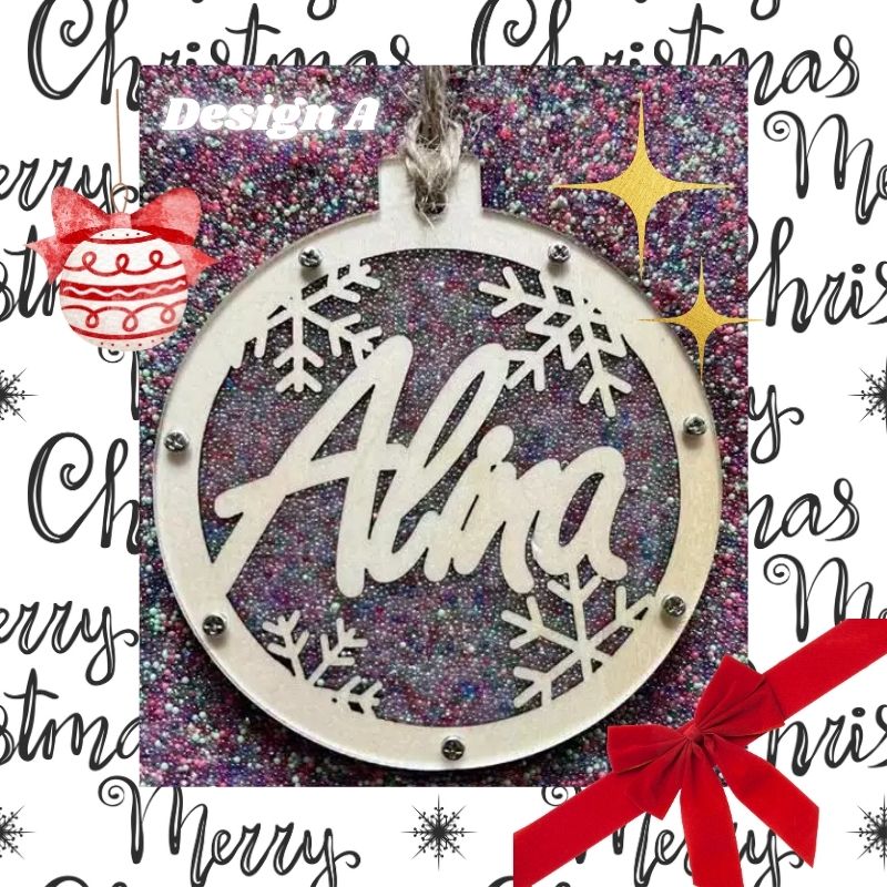Decorative ornament with 'Alina' on a glittery background with Christmas text and decorations.