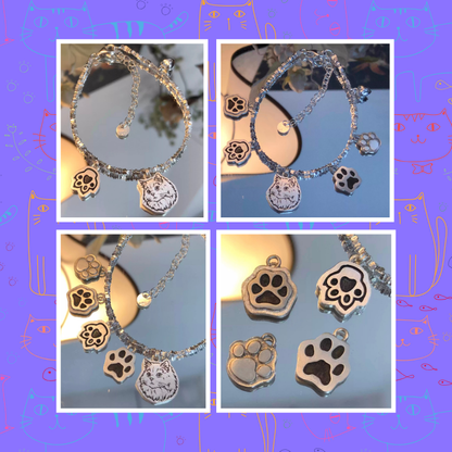 Jewelry set with paw print charms on a purple background custom bracelet, pet jewerly, memory gift