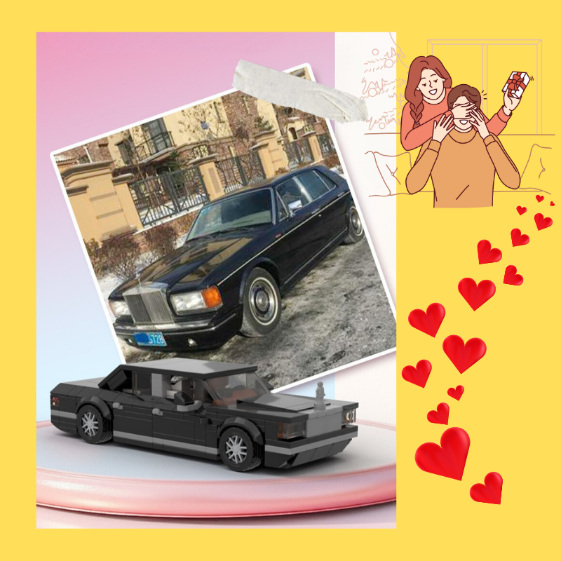 Collage of a toy limousine, a real limousine, and a family with hearts on a yellow background.