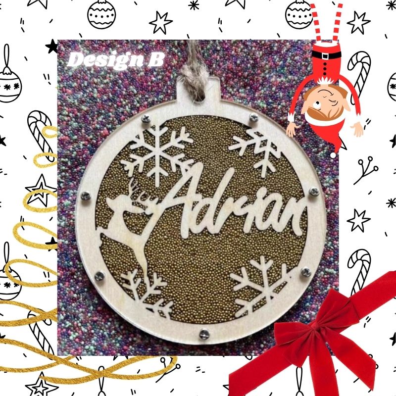 Decorative ornament with 'Adrian' engraved, surrounded by festive illustrations and a red bow.