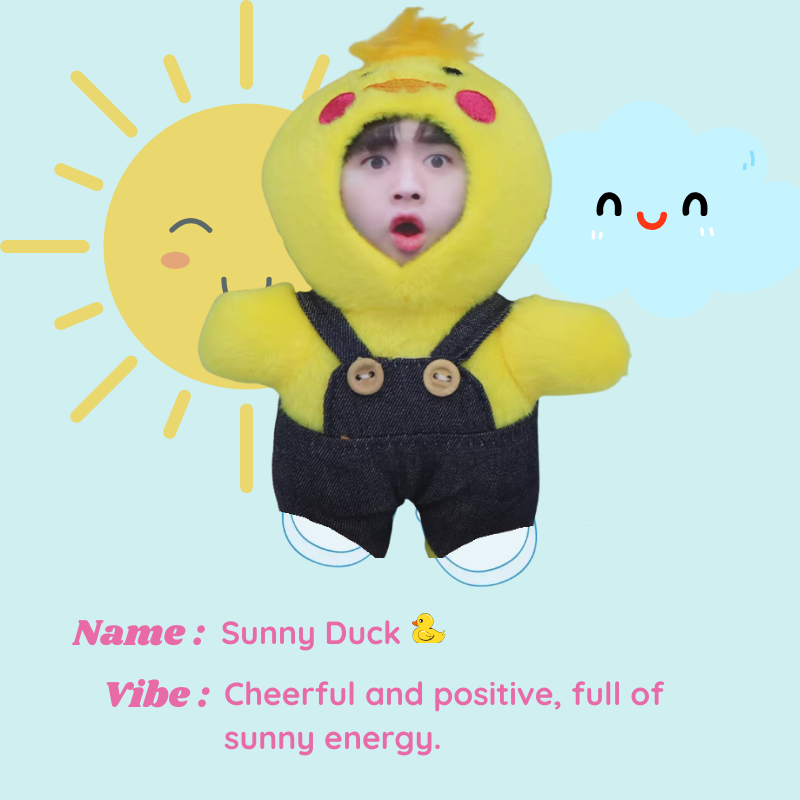Person in a yellow duck costume with a sun and text on a light blue background. Sunny Duck - Duck. Vibe: Cheerful and positive, full of sunny energy. Custom Gift-Personalized Talking Photo Keychain, gift for couples, ift for boyfriend / girlfriend long-distance relationship gift meaningful keepsake
