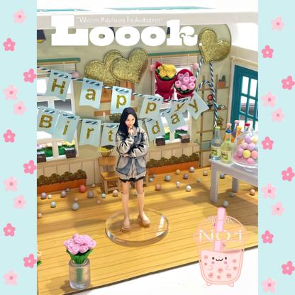 Young girl figurine. Illustration of a birthday celebration scene with a character in a room decorated for a birthday party. Personalized couple present. Gift for boyfriend girlfriend. Custom-made. Personalized. Perfect gift idea. Meaningful keepsake. Wedding gift. Anniversary gift. Birthday gift