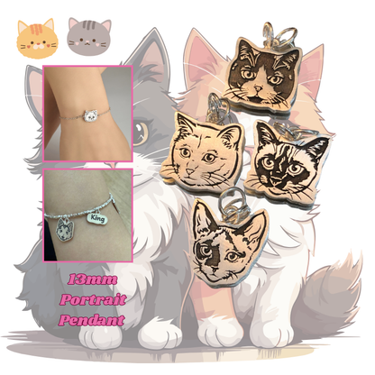 Cat-shaped pendants on a white background with close-up of jewelry. custom bracelet, pet jewerly, memory gift