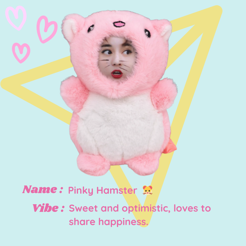Person wearing a pink plush toy costume with text about 'Pinky Hamster' on a light blue background. Pinky Hamster - Hamster. Vibe : Sweet and optimistic, loves to share happiness. Custom Gift-Personalized Talking Photo Keychain, gift for couples, ift for boyfriend / girlfriend long-distance relationship gift meaningful keepsake