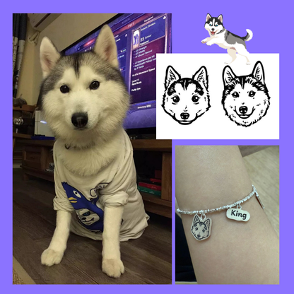 Collage of a dog wearing a shirt, cartoon illustrations, and a bracelet with a dog charm. custom bracelet, pet jewerly, memory gift