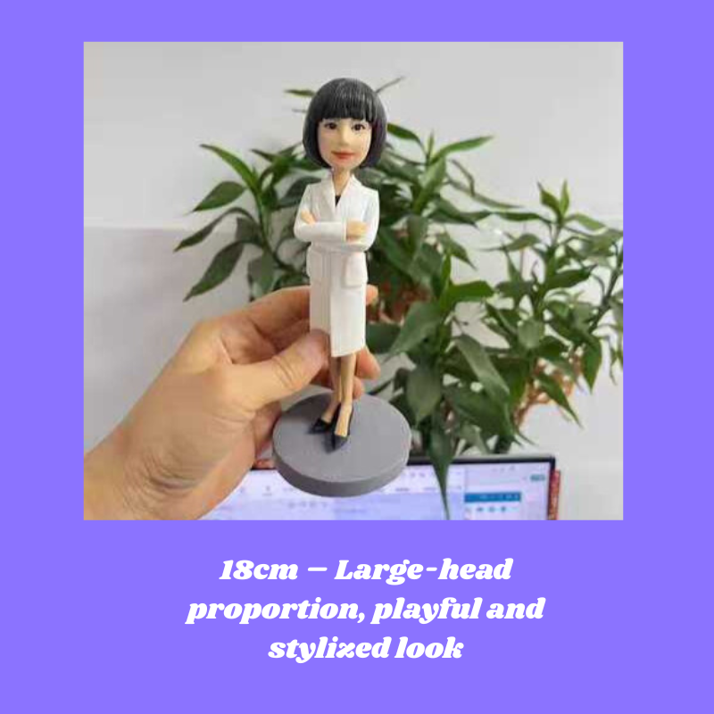 Hand holding a figurine with a stylized look against a blurred indoor background. 18cm figure. Personalized couple present. Gift for boyfriend girlfriend. Custom-made. Personalized. Perfect gift idea. Meaningful keepsake. Wedding gift. Anniversary gift. Birthday gift