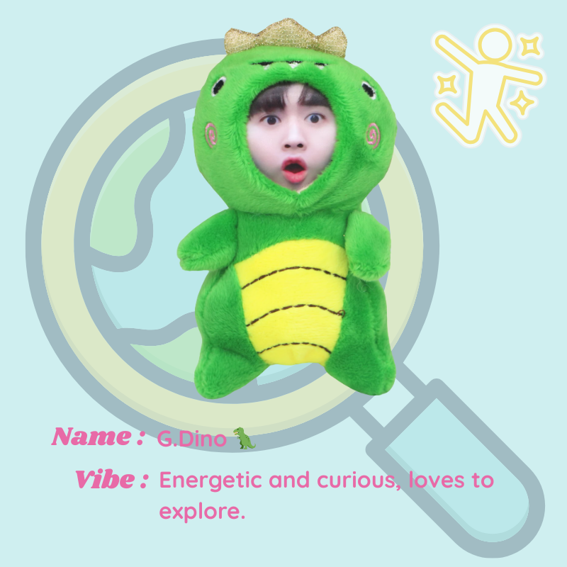 Child in a green dinosaur costume with text about the character's name and vibe. G.Dino - Dinosaur. Vibe : Energetic and curious, loves to explore. Custom Gift-Personalized Talking Photo Keychain, gift for couples, ift for boyfriend / girlfriend long-distance relationship gift meaningful keepsake