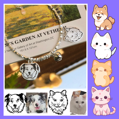 Bracelet with pet charms on a scenic background with cartoon pets on the side. custom bracelet, pet jewerly, memory gift