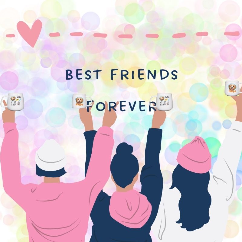 Three people with their backs to the camera, holding up signs with 'Best Friends Forever' on a colorful background.