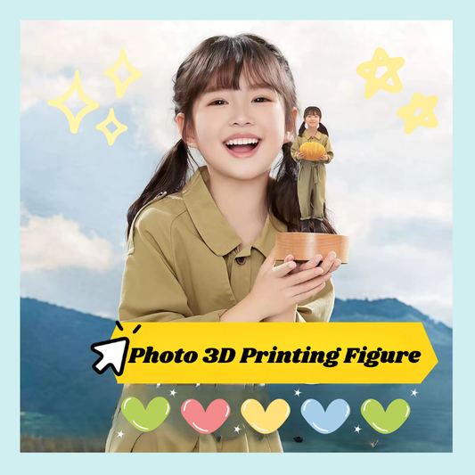 Child holding a 3D printed figurine with a scenic background and 'Photo 3D Printing Figure' text. Personalized couple present. Gift for boyfriend girlfriend. Custom-made. Personalized. Perfect gift idea. Meaningful keepsake. Wedding gift. Anniversary gift. Birthday gift