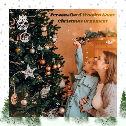 Two people looking at a decorated Christmas tree with personalized ornaments.