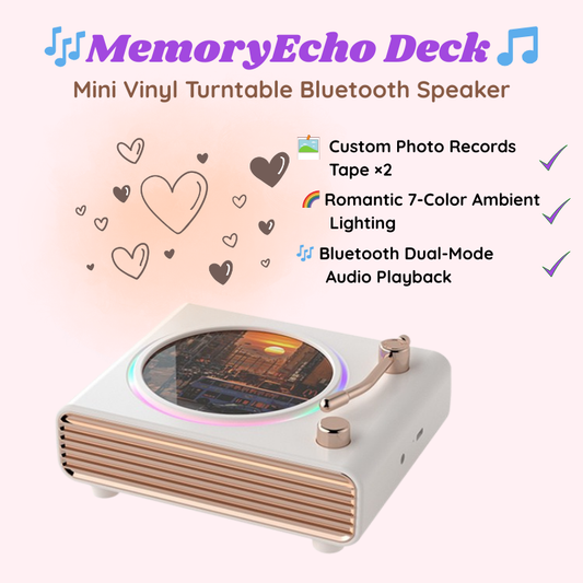 Mini vinyl turntable Bluetooth speaker with romantic features on a white background. Custom photo records tape x 2. Personalized couple present. Gift for boyfriend. Custom-made. Personalized. Perfect gift idea. Meaningful keepsake
