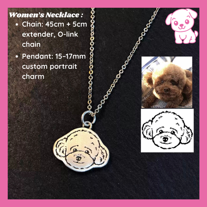 Necklace with a dog pendant on a dark background. One photo of a dog, one dog design illustration, and one actual pendant, all highly similar.meaningful keepsake, memory gift