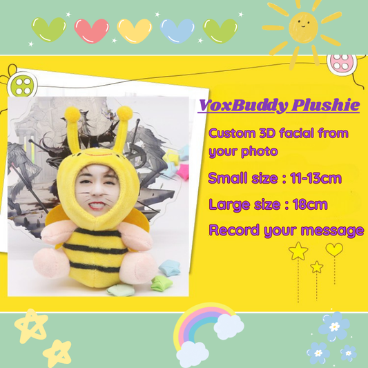 VoxBuddy Plushie with a child in a bee costume on a colorful background, Custom Gift-Personalized Talking Photo Keychain, gift for couples, ift for boyfriend / girlfriend long-distance relationship gift meaningful keepsake