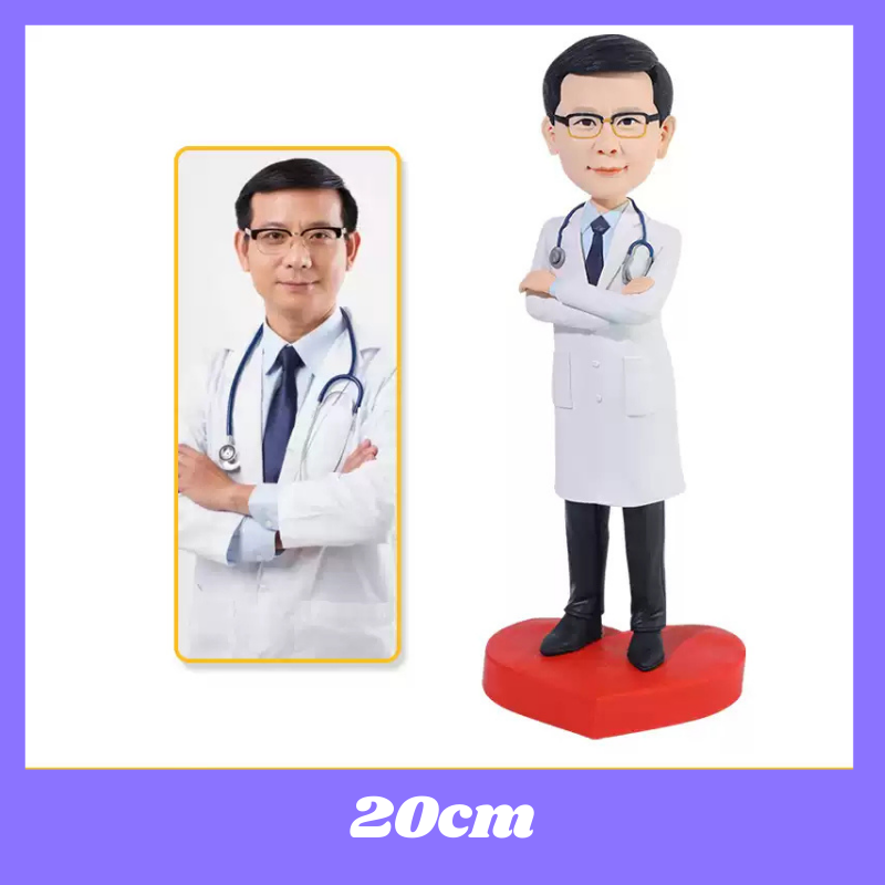 Doctor figurine with arms crossed next to a photo of a doctor, on a white background. Personalized couple present. Gift for boyfriend girlfriend. Custom-made. Personalized. Perfect gift idea. Meaningful keepsake. Wedding gift. Anniversary gift. Birthday gift