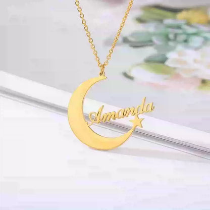 Gold necklace with 'Amanda' on a white surface. Stainless Steel Name Jewelry. Custom Gift-Personalized. gift for boyfriend / girlfriend. long-distance relationship gift meaningful keepsake. Memory gift. Christmas couple gift. Birthday Gift. Moonlight Name Necklace