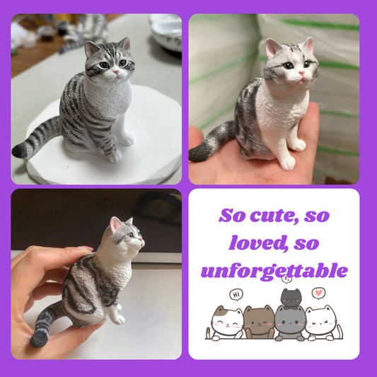 Collage of a cat figurine with close-up shots and a quote on a purple  background. 3D printed figurine, cat front view, side view. Memory gift, Pet lovers, Personalized 3D printed dog figurine, pet memory keepsake, Custom 3D printed cat figurine, cherished pet gift, beloved pet, Perfect memory gift