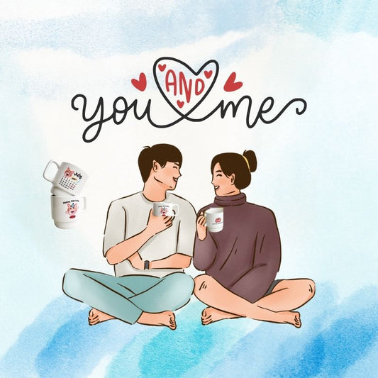 Illustration of two people sitting together holding coffee cups with 'you and me' text above on a blue background.