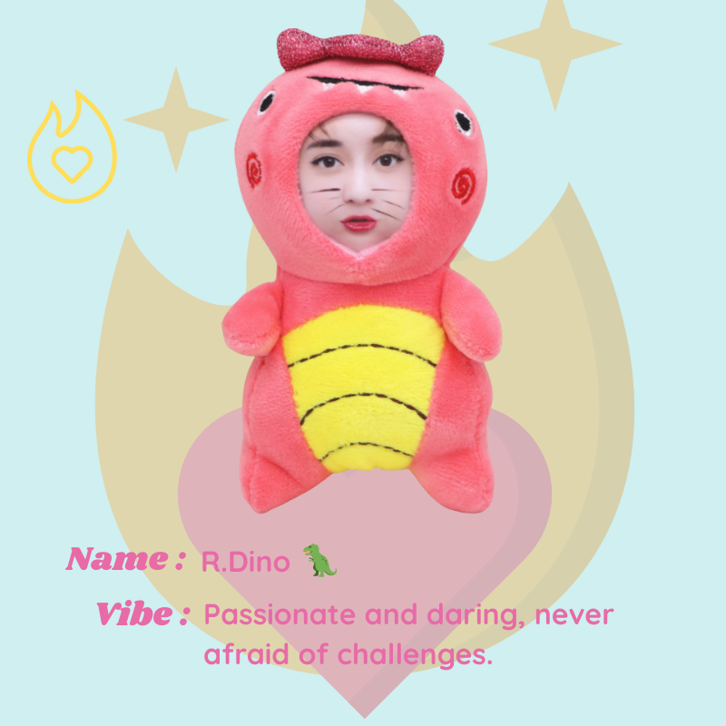Person wearing a pink dinosaur costume with a light blue background and decorative elements. R.Dino - Dinosaur. Vibe : Passionate and daring, never afraid of challenges. Custom Gift-Personalized Talking Photo Keychain, gift for couples, ift for boyfriend / girlfriend long-distance relationship gift meaningful keepsake