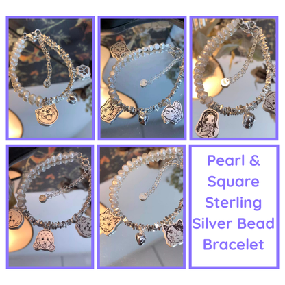 Collage of pearl and square sterling silver bead bracelet with charms on a decorative background. custom bracelet, pet jewerly, memory gift