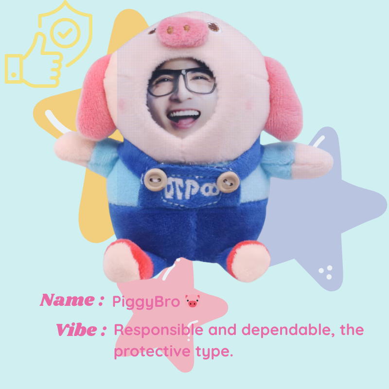 Plush toy with a face of a person, labeled 'PiggyBro', on a light blue background with decorative elements. PiggyBro - Pig. Vibe : Responsible and dependable, the protective type. Custom Gift-Personalized Talking Photo Keychain, gift for couples, ift for boyfriend / girlfriend long-distance relationship gift meaningful keepsake