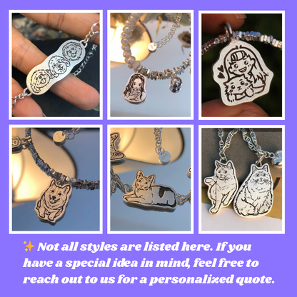 Collage of various silver pendants with different designs on a purple background. custom bracelet, pet jewerly, memory gift