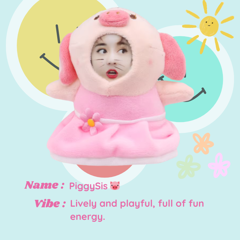 Person wearing a pink plush toy costume with a playful design on a light blue background. PiggySis - Pig. Vibe: Liverly and playful, full of fun energy. Custom Gift-Personalized Talking Photo Keychain, gift for couples, ift for boyfriend / girlfriend long-distance relationship gift meaningful keepsake