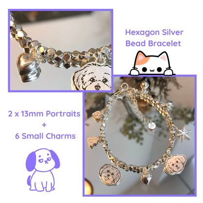 Hexagon silver bead bracelet with portraits and charms on a reflective surface. custom bracelet, pet jewerly, memory gift
