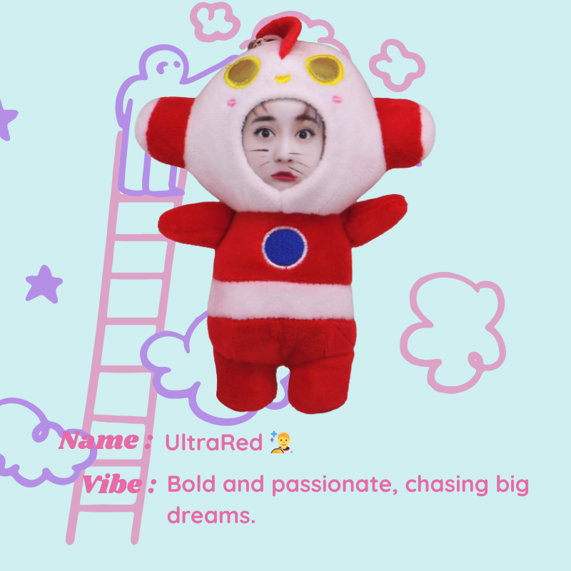 Red plush toy with cartoonish design on a light blue background. UltraRed -Alien. Vibe: Bold and passionate, chasing big dreams. Custom Gift-Personalized Talking Photo Keychain, gift for couples, ift for boyfriend / girlfriend long-distance relationship gift meaningful keepsake